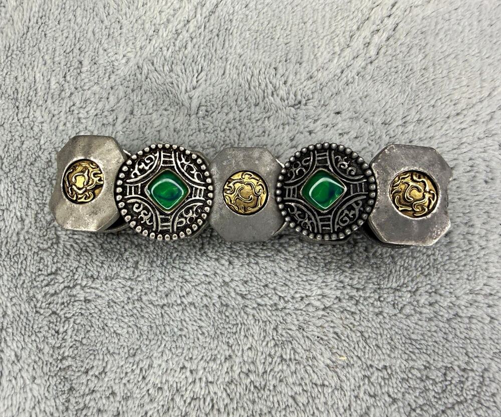 Chico's Signed Silver Tone Stretch Link Bracelet Green Square Stone Gold Accents